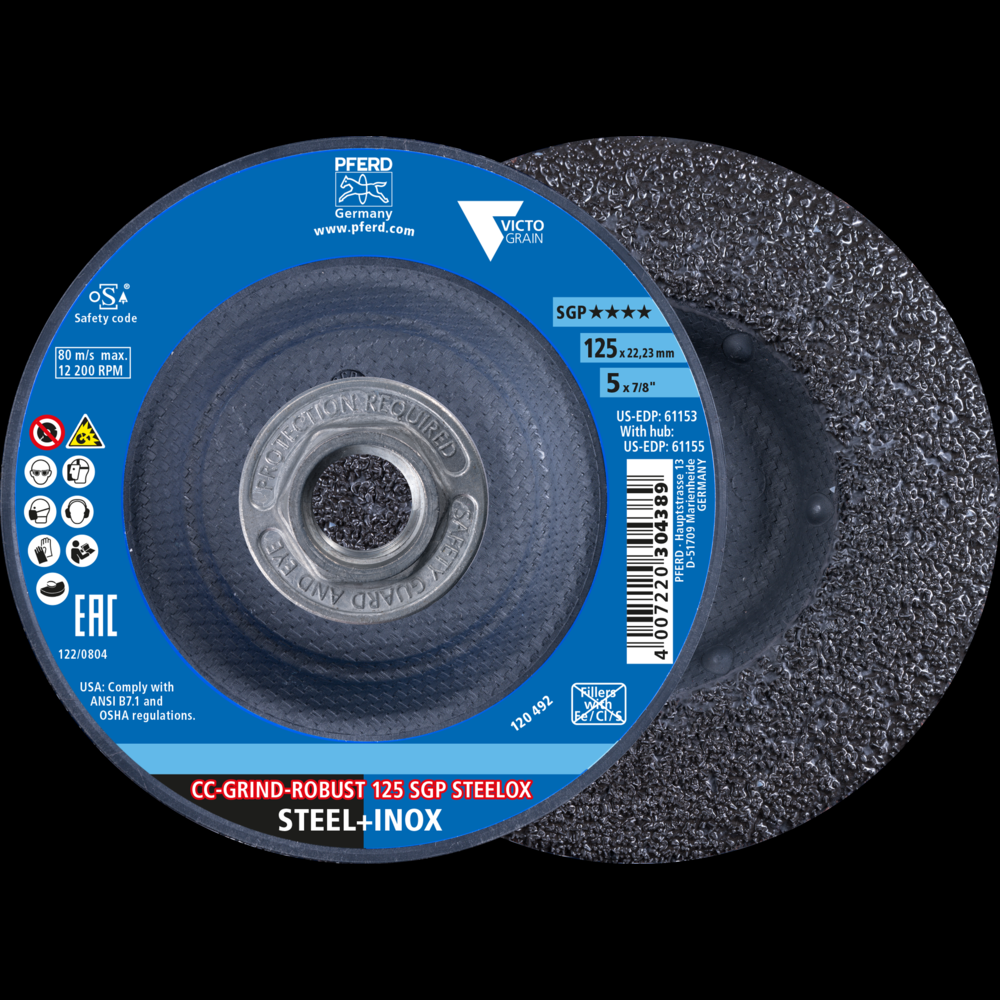 PFERD Grinding disc, CC-GRIND®-ROBUST, 5&#34; x 5/8-11, SGP STEELOX VICTOGRAIN®, Ceramic