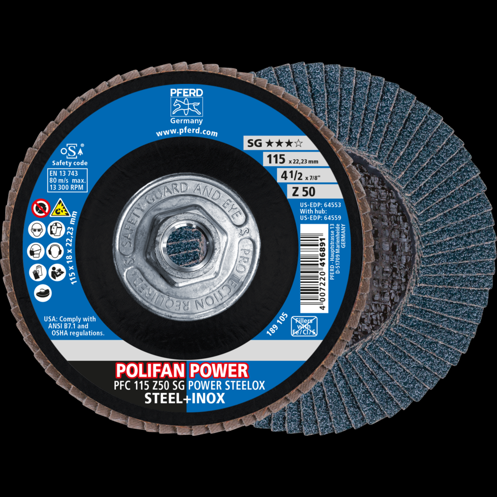 PFERD Flap Disc, 4-1/2&#34; x 5/8-11, Z SG POWER STEELOX, 50 Grit, T29, Conical, Zirconia