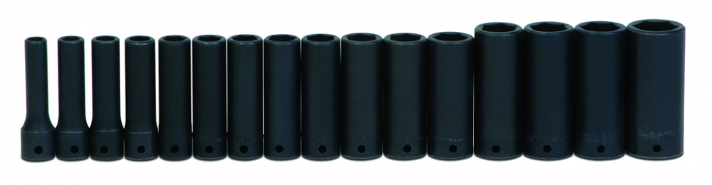 16 pc 1/2&#34; Drive 6-Point Metric Deep Socket Set on Rail and Clips