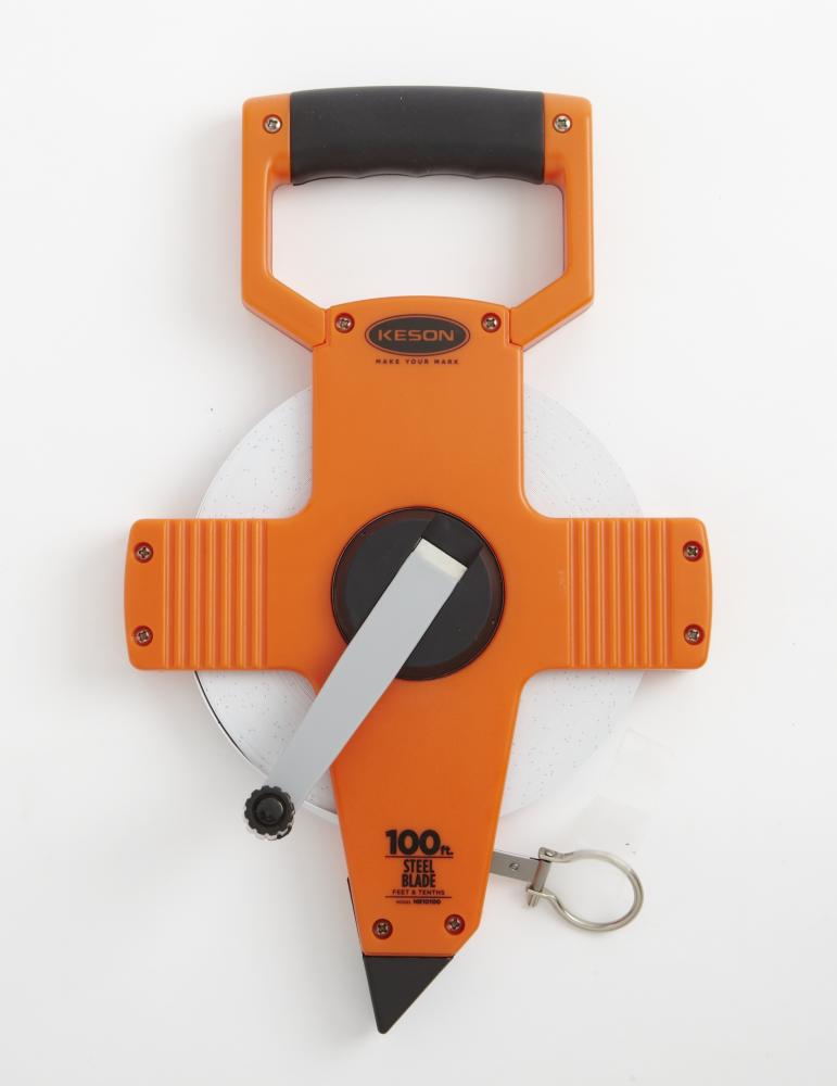 100 FT, UNITS: 1/10, 1/100, 2X NYLON COATED STEEL TAPE WITH HOOK