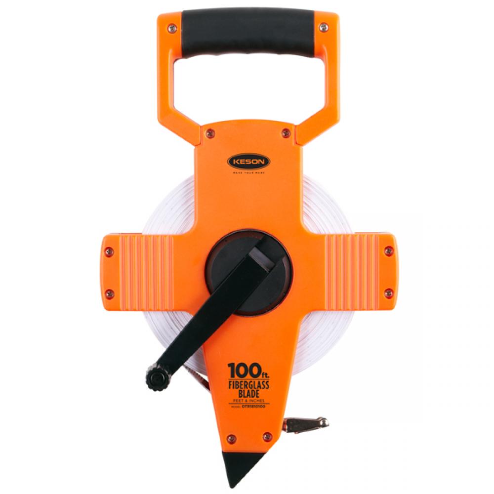 200 FT, UNITS: IN, 1/8, AND FT, 1/10, 1/100, FIBERGLASS TAPE MEASURE WITH HOOK