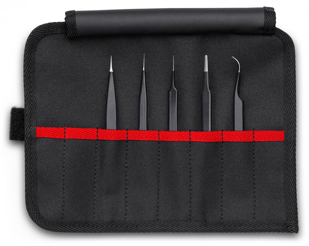 5 Pc Stainless Steel Tweezers Set in Tool Roll-ESD